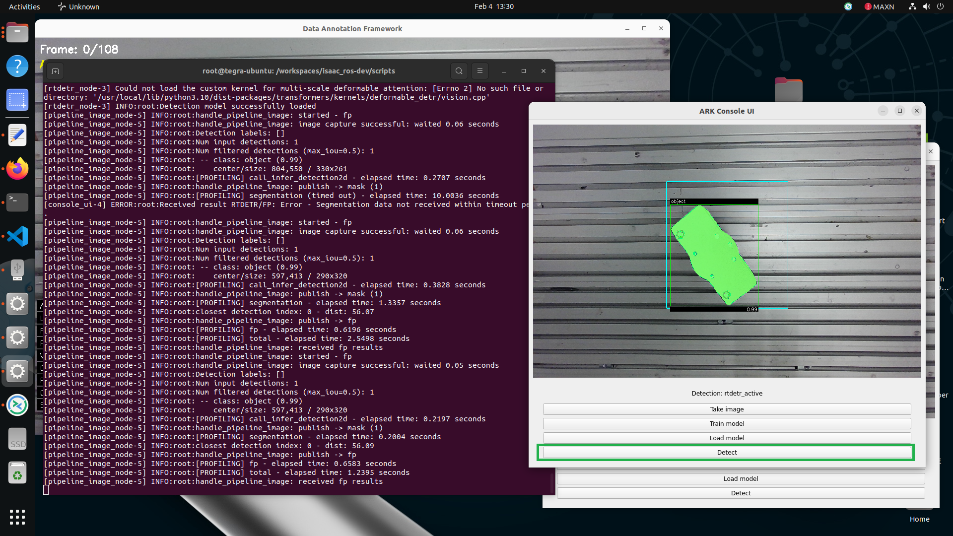 Console UI with Detect selected, showing a detected object with mask and confidence