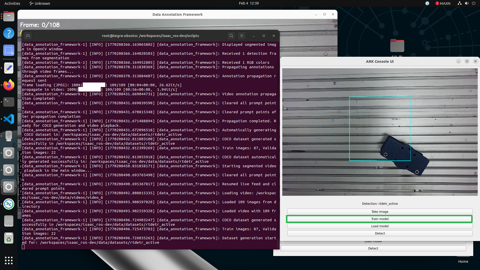 Console UI with Train model selected in detection mode