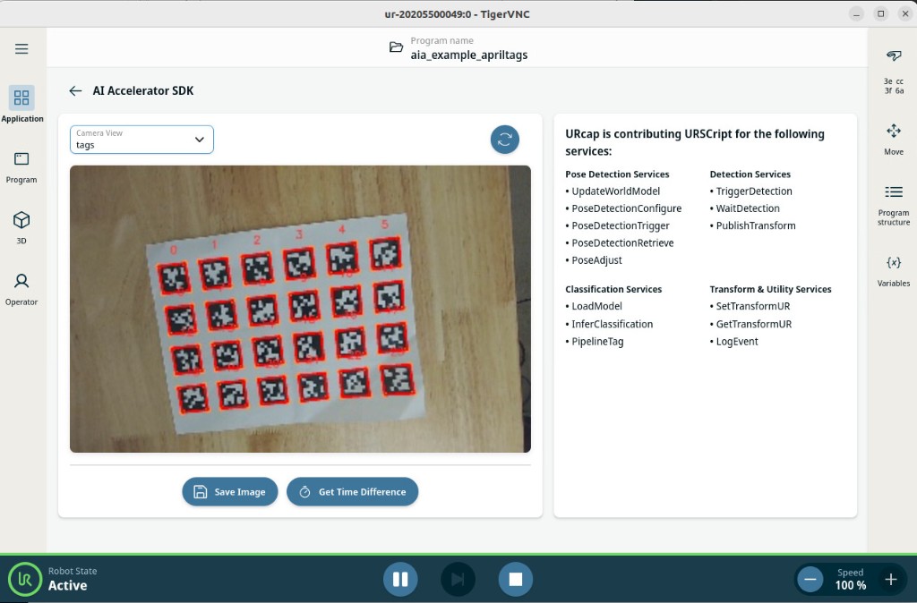 AI Accelerator SDK tags view showing detected AprilTags