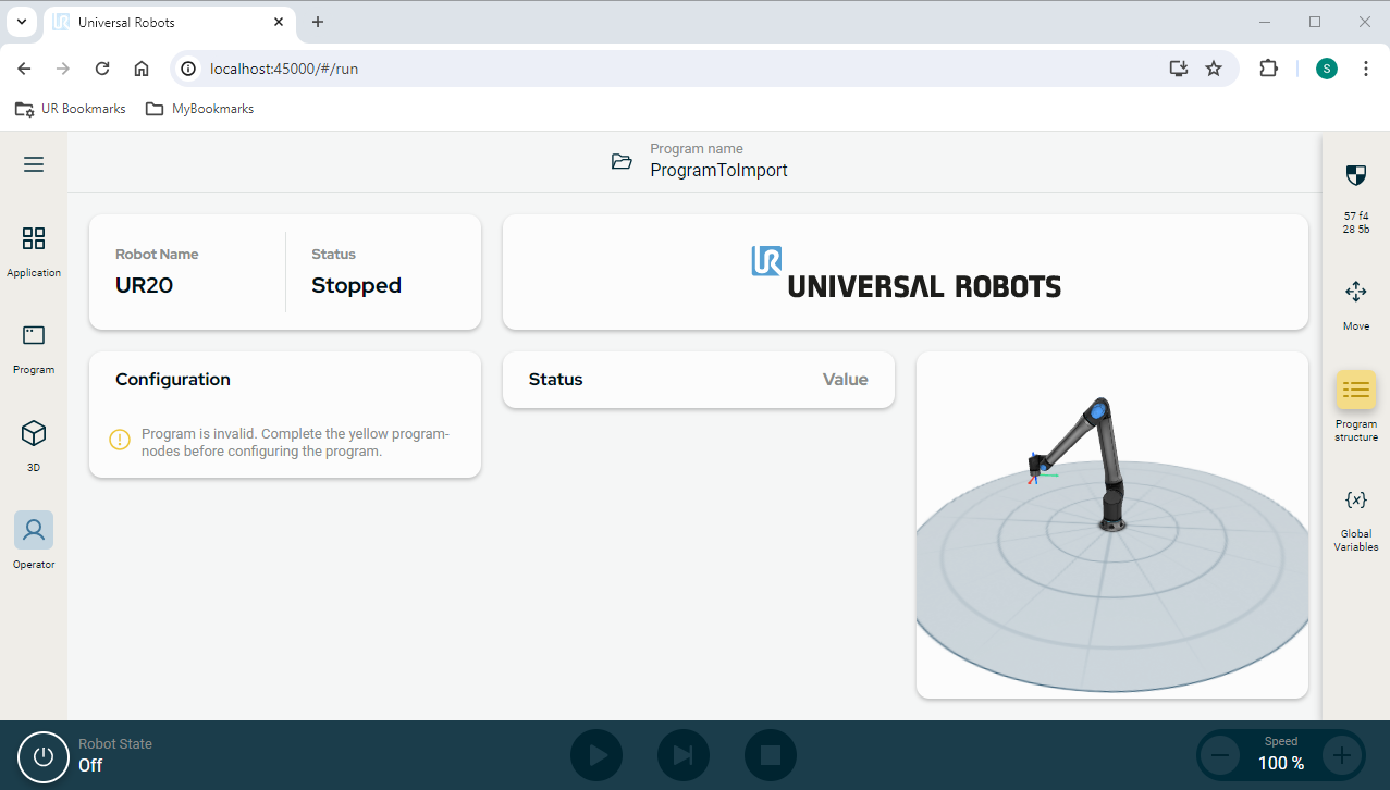 PolyScope X Simulator running in Chrome