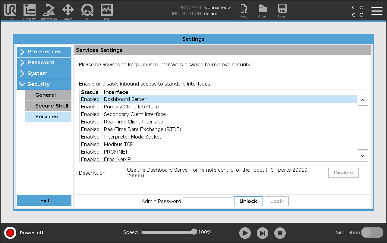 Screenshot from PolyScope 5.xx services menu.