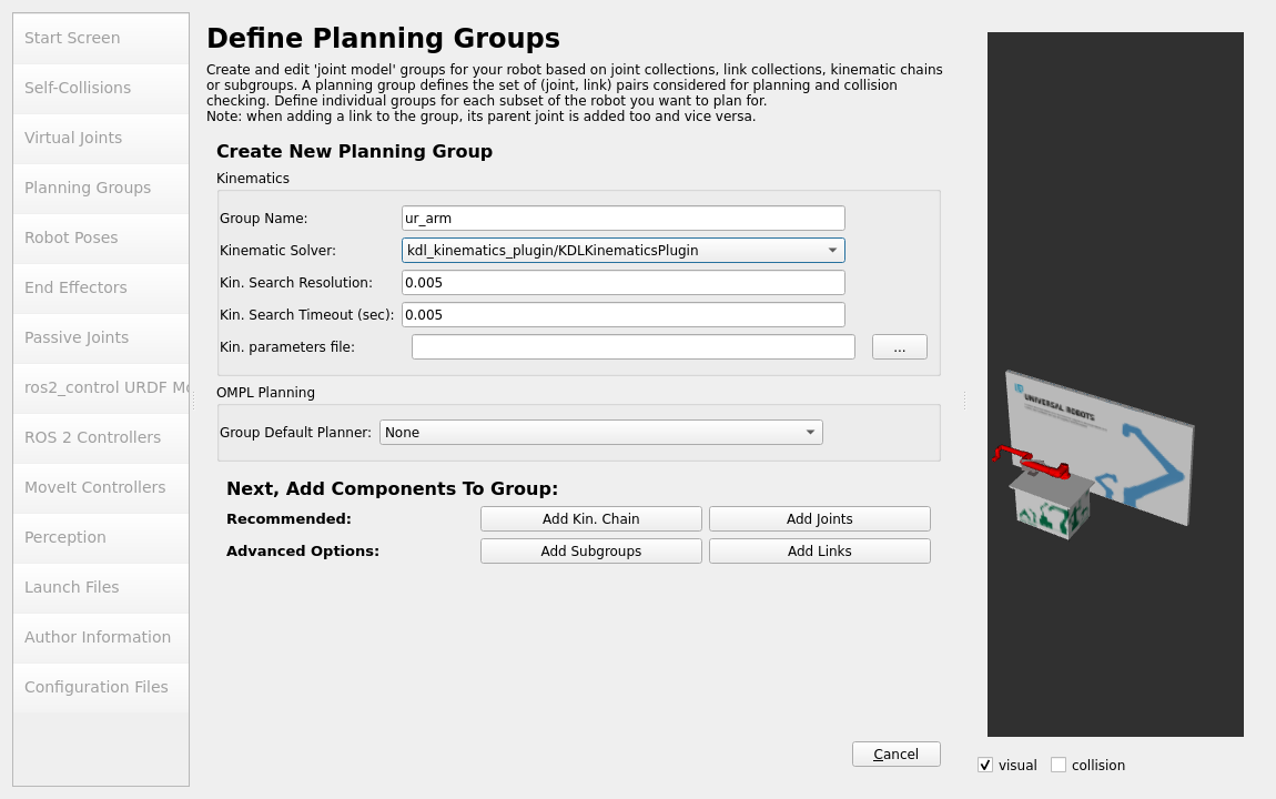 Kinematic setup for our planning group