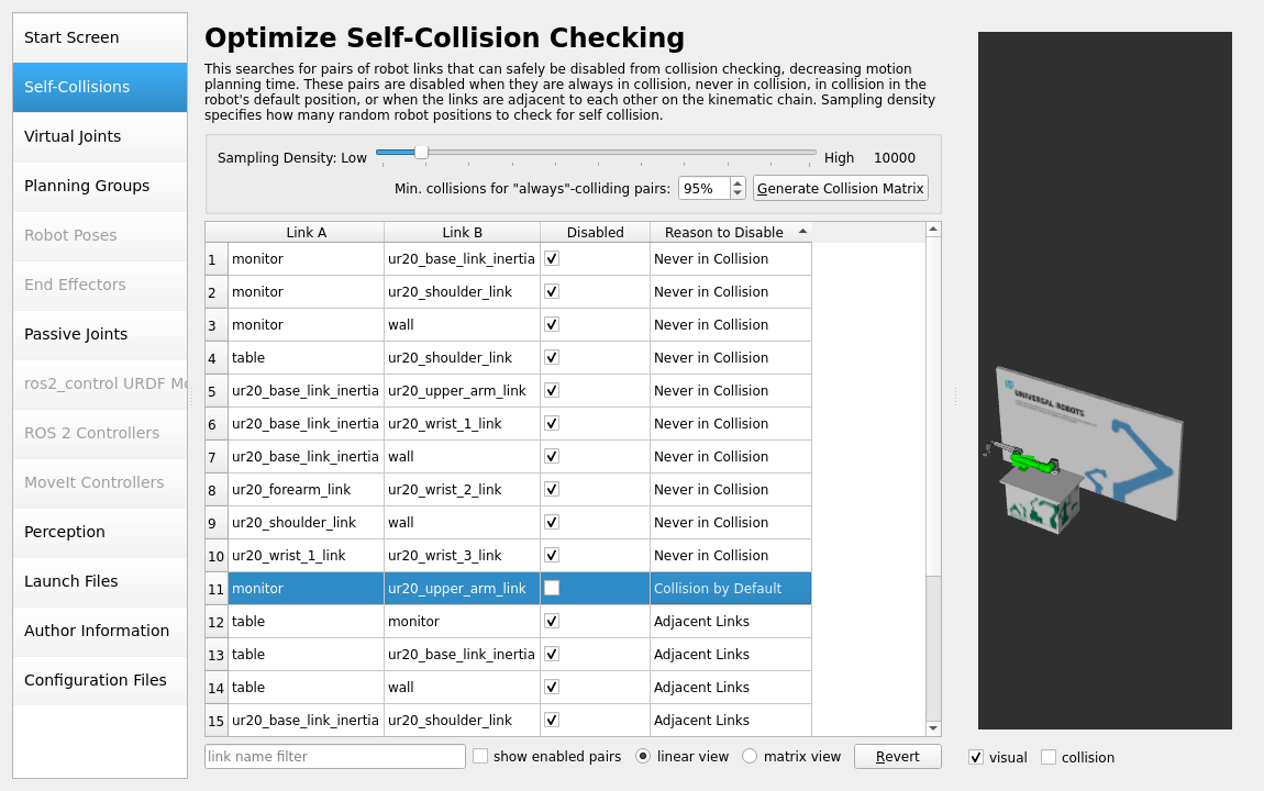 Adjust self-collisions - Remove the tick for the collision between monitor and ur20_upper_arm_link.