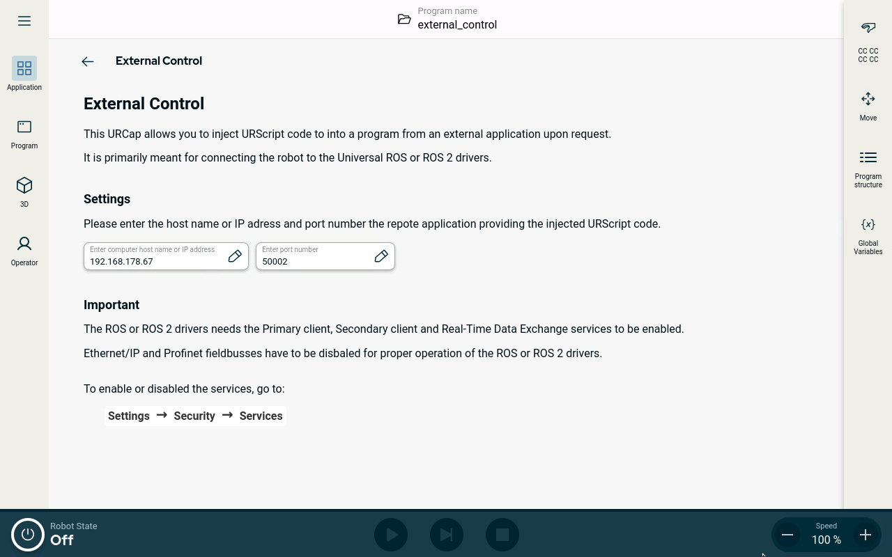 Configuration screen of External Control URCapX