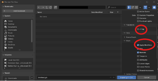 Export GLTF dialog in Blender