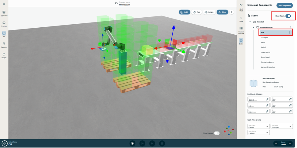 Highlighted the workpiece selected and reach toggle